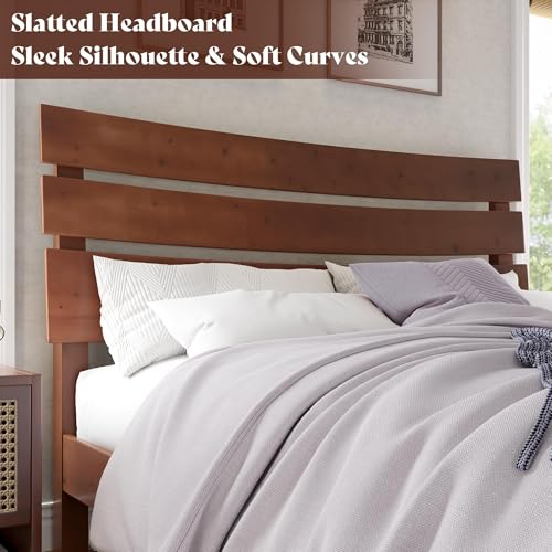 VanAcc Queen Size Solid Wood Bed Frame, Mid Century Platform Beds with Slatted Headboard, Wood Slat Support/No Box Spring Needed/Noise Free/Walnut VanAcc