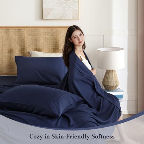Dreava Twin Sheet Set 3 Piece, 16'' Deep Pocket Fitted Sheets Soft Breathable Microfiber Bed Sheets Luxury Hotel Bedding with Pillowcse Cooling, Wrinkle Free, Oeko-Tex Certified Bedsheets，Navy Blue Dreava