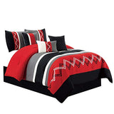 Chezmoi Collection Arden 7-Piece Modern Pleated Stripe Embroidered Zigzag Bedding Comforter Set (Full, Red/Black/Gray/Off-White) Chezmoi Collection