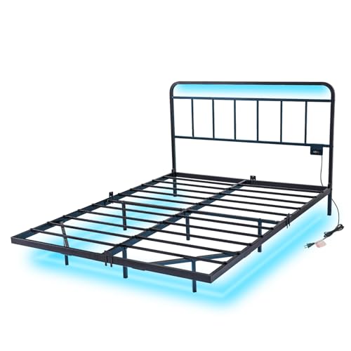 Domus Homeware Floating Full Size Platform Bed Frame with LED Lights & Charging Station - Includes Powered Screwdriver for Assembly, Mattress Fasteners & Corner Pads, Hardened Steel Domus Homeware