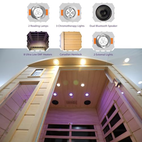 LTCCDSS 2 Person Ultra Low EMF（0-1mG）Infrared Sauna, Hemlock Wooden Far Infrared Sauna for Home with 8 Heaters, 2* Bluetooth Speakers, Reading Lamps, Outdoor Lamps, 3 Chromotherapy Lamps Indoor Sauna LTCCDSS
