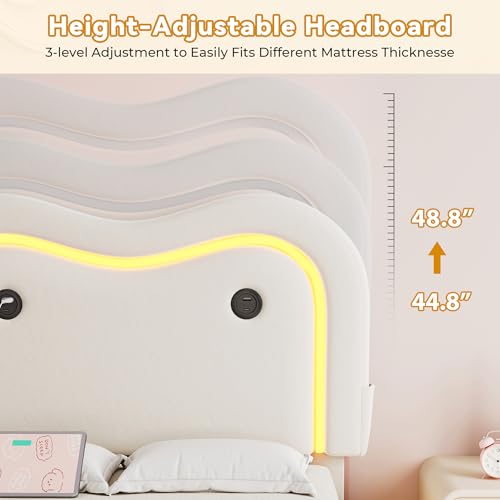 MapleGrace Twin Upholstered Bed Frame with Curved Headboard, Floating Bed Frame with LED Lights and Charging Station, Soft Rounded Corners, No Box Spring Needed, Easy Assembly, White MapleGrace