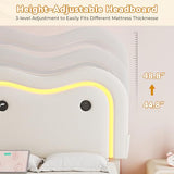 MapleGrace Twin Upholstered Bed Frame with Curved Headboard, Floating Bed Frame with LED Lights and Charging Station, Soft Rounded Corners, No Box Spring Needed, Easy Assembly, White MapleGrace