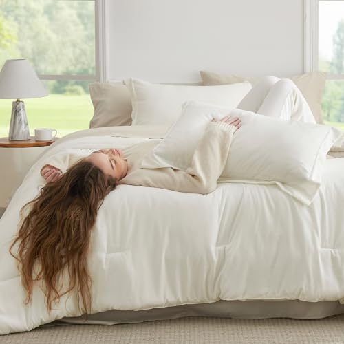 Bedsure King Size Comforter Set - 7 Pieces White King Bedding Set for All Seasons, Boho Contrasting Design Bed in a Bag with Comforter, Sheets, Pillowcases & Shams Bedsure