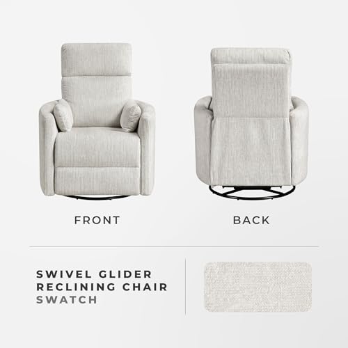 Lexicon Upholstered Swivel Recliner Chair - 360 Swivel Accent Chair Nursery Glider, Manual Recliner with Pull Handle, Microfiber, 2 Pillows, Easy Pull-Handle for Living Room/Bedroom/Apartment, Beige