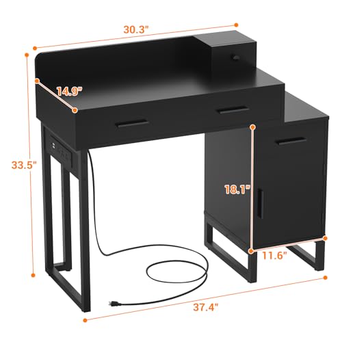 Vanity Desk with 4 Storage Drawers - Modern Makeup Vanity Table with Charging Station, Black Vanity Desk with Reversible Cabinet Dressing Table Set with Divided Organizers for Women Girls, Black Besiost