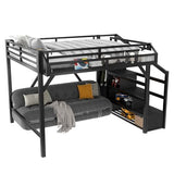Bellemave Queen Loft Bed with Storage Stairs, Shelves and Built-in Wardrobe, Metal Loft Bed Frame with USB Ports and LED Lights, Noise-Reduced Design, Black Woodgrain Bellemave