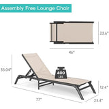 Murago Outdoor Chaise Lounge Chairs Set of 2, No Assembly Required, 5-Position Adjustable Backrest, Foldable Lightweight Patio Lounge for Poolside, Deck, Lawn & Beach, Khaki