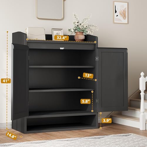 Jojoka Modern Rattan Shoe Cabinet for Entryway Storage, Wooden Shoe Rack Organizer with Adjustable Shelves, Closed Dustproof Furniture for Hallway Living Room Bedroom,Black Jojoka