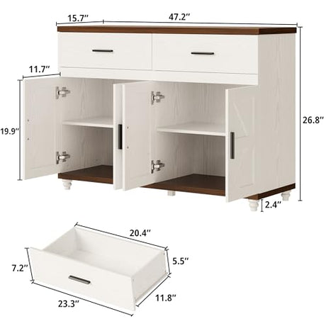 IRONCK Farmhouse 47.2" Sideboard Buffet Cabinet, White Coffee Bar Cabinet with 2 Drawers & Doors, Credenza Storage Cabinet for Kitchen, Living Room or Entryway IRONCK