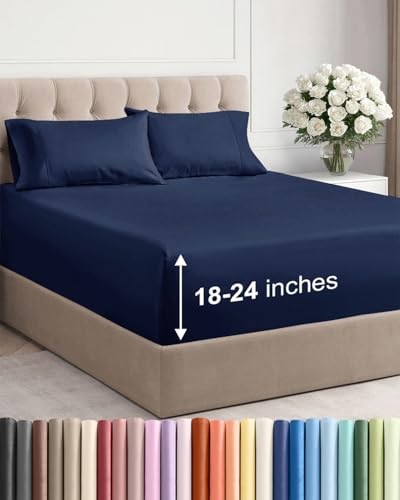 Extra Deep Twin XL Sheet Set - 4 Piece Breathable and Cooling Sheets - Hotel Luxury Bedding for Women, Men, Kids & Teens - Easy & Secure Fit - Soft and Wrinkle Free - Extra Deep Pockets - Navy Blue CGK Unlimited