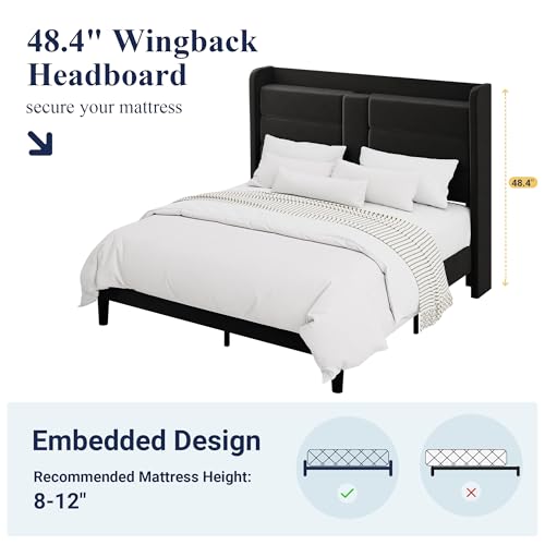 Allewie Queen Size Platform Bed Frame with Charging Station & Storage Headboard, Upholstered Velvet Wingback Design & USB Port, Strong Wooden Slats Support, No Box Spring Needed, Easy Assembly, Black Allewie
