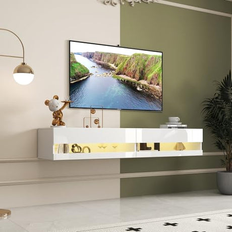 LED Floating TV Stand for 75 inch TV, Modern Wall Mounted TV Shelf with Light String for 55 65 75 Inch TV, Elegant Entertainment Center Equipped with Power Outlet, Front High Gloss TV Console White Banzeem