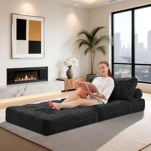 HABUTWAY Folding Sofa Bed, Convertible Sleeper Chair Bed w/Dual-Pillow & Handle, Foldable Floor Sofa Lounge w/Back Support for Living Room, Bedroom, Apartment, Office, Single, Black HABUTWAY