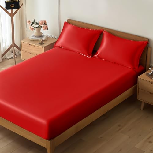 VACVELT 2-Piece Satin Fitted Sheet Set Twin Size, Red Bottom Bed Sheet with 1 Pillowcase, Similar to Silk Sheets, Luxury & Silky Bedding Set, 15 Inch Deep Pocket VACVELT