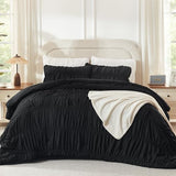 Andency Ruched Black Full Size Comforter Sets, Shabby Chic Pleatd Bedding Sets 3 Pieces, Lightweight Soft Boho Ruffle Bed Set for Girls, Kids, Women, All Season Andency