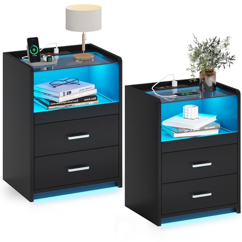 AOGLLATI LED Nightstand Set of 2 with Charging Station, Night Stand with Pull-Out Shelf, 2 Drawers, Bedside Table with LED Lights, Modern End Table with USB Ports Outlets, 2 Pack, Black