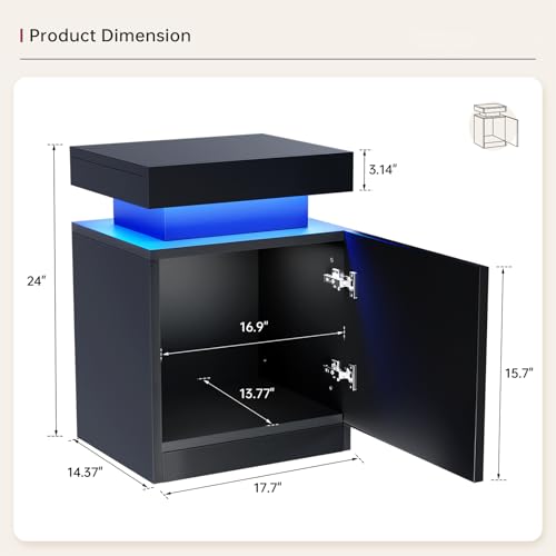 OneBlis LED Nightstands Set of 2, 17 Inches Night Stand Set 2, Modern Bedside Table with LED Lights, High Gloss Surface, End Table with Storage for Bedroom, Black OneBlis