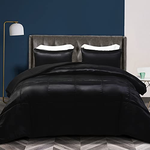Whale Flotilla 3-Piece Reversible Silky Soft King Size Comforter Bedding Set, Luxurious Satin Comforters Oversized with 2 Satin Pillowcases, Lightweight Duvet for All Seasons, Black Whale Flotilla