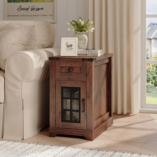 Fameill Farmhouse End Table with Charging Station & Led Lights,Narrow Sofa Side Table with Glass Barn Door & Drawer,Wood Rustic Nightstand Bedside Table for Living Room,Bedroom,Brown Fameill