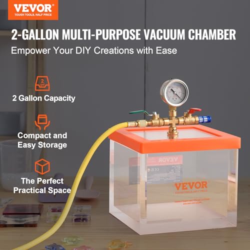 VEVOR 2 Gallon Vacuum Chamber, Upgraded Multipurpose Acrylic Vacuum Degassing Chamber, Transparent Vacuum Chamber, for Resin Degassing, Silica Gel Degassing
