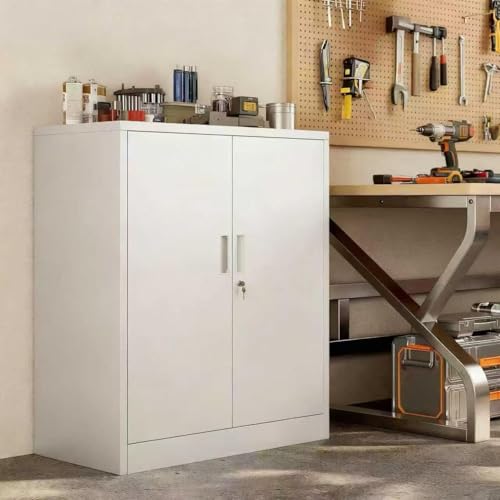 TaskStorz Metal Garage Storage Cabinets，36" Steel File Cabinet with 2 Adjustable Shelves, Lockable Storage Cabinets for Office, Home, Garage, Warehouse 36" H x 32" W x 16" D (White) TaskStorz