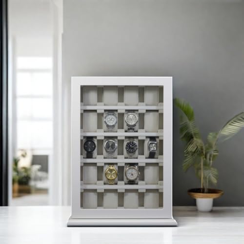 TimelyBuys 20 Piece White Wood Watch Display Wall Hanging Case and Storage Organizer Box and Stand for Oversized Watches TIMELYBUYS