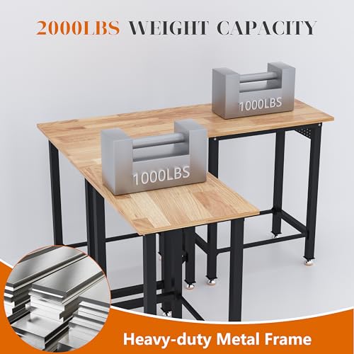 Betterhood 48"/60" Heavy-Duty Adjustable Workbench for Garage, Rubber Wood Shop Table,Hardwood Workstation Weight Capacity Over 1500 Lbs (Rubber Pad/Power Outlets/Ruler/63 x21.7 x35.8) Betterhood