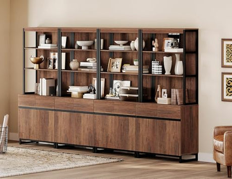 WAMPAT 4 PCS Modern 72" Tall Bookshelf with Metal Base and Adjustable Shelves, Library Bookcase with Storage Cabinet and Open Book Shelfs, Wood Bookshelves for Home Office, Living Room, Brown WAMPAT