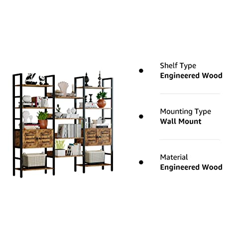 IRONCK Vintage Brown Industrial Bookshelf with Louvered Doors and 5 Tiers - Triple Wide Storage Display Shelf for Home Office and Living Room IRONCK