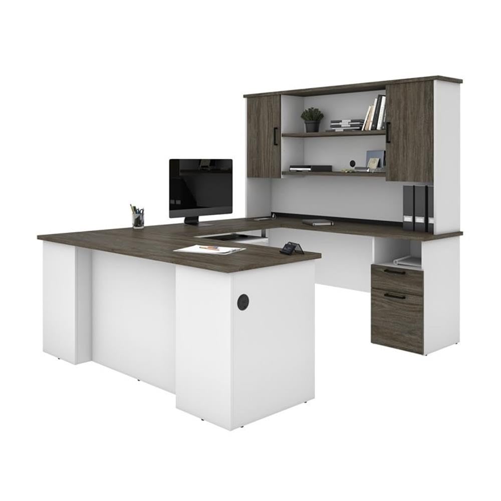 Pemberly Row Transitional Wood U Shaped Computer Desk with Hutch in Gray/White Pemberly Row