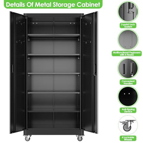 JAORD Garage Storage Cabinet with Wheels and Pegboard, Lockable Metal Storage Cabinet with 5 Adjustable Shelves and 4 Hooks for Garage,Warehouse, Assembly Required, Black, 71" H x 34" W x 18" D JAORD