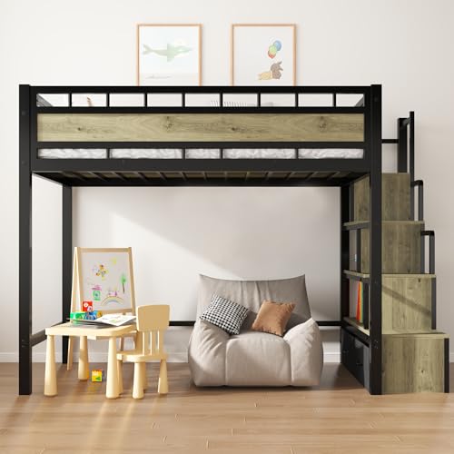 SDHYL Twin Size Loft Bed, with Storage Stairs & Drawers,Space-Saving Heavy-Duty Metal Bed Frame, No Box Spring Needed, Easy Assembly, Black SDHYL