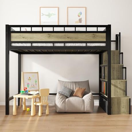 SDHYL Twin Size Loft Bed, with Storage Stairs & Drawers,Space-Saving Heavy-Duty Metal Bed Frame, No Box Spring Needed, Easy Assembly, Black SDHYL