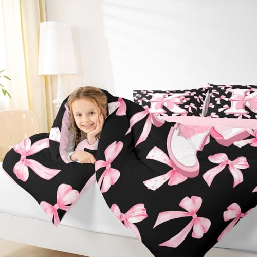 Feelyou Kids Girls Cute Pink Bow Comforter Set Twin Size Initial Letter K Bedding Set Coquette Bow Knot Duvet Quilt Bedroom Monogrammed Decor Personalized Teen Girl Women Gifts Ultra Soft Breathable Feelyou