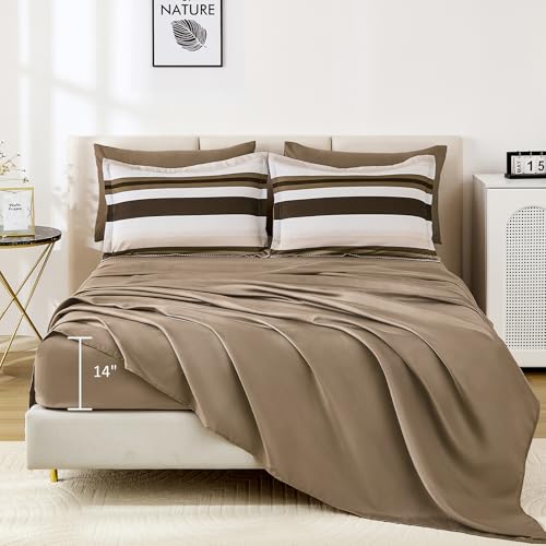 WONGS BEDDING Comforter Queen Size, Brown 7 Pieces Comforter for Queen Bed Striped Bed in a Bag Soft Bedding Comforter Set for All Season(90"×90") WONGS BEDDING