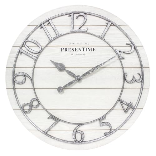 Presentime & Co Classic Farmhouse Shiplap Clock, 19.5 inch, Galvanized Finish Arabic Numerals with White Shiplap Style. Large Farmhouse Decor for Living Room, Entryway, Home Office. Wall Décor Presentime