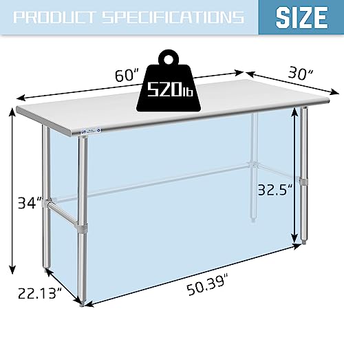 HALLY Open Base Stainless Steel Table 30 x 60 Inches, NSF Commercial Heavy Duty Prep & Work Table with Galvanized Legs for Restaurant, Home and Hotel HALLY SINKS & TABLES H