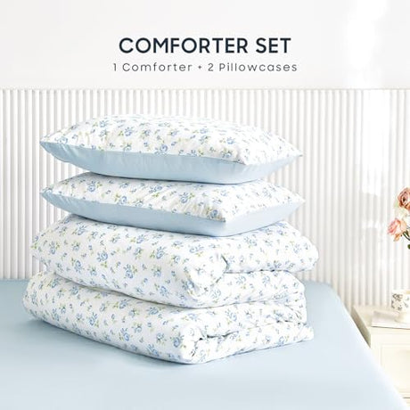 Wake In Cloud - Floral Comforter Set, Coquette Cottagecore Aesthetic Flower Shabby Chic Pattern for Women Teen Girls, Soft Lightweight Bedding, 3 Pieces, White Blue, Queen Size Wake In Cloud