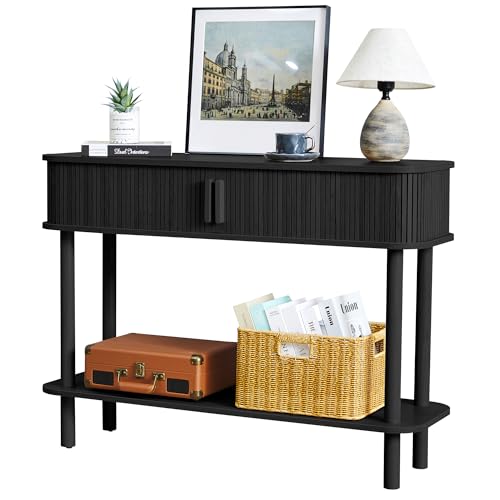 RARZOE Console Table with Storage, Fluted Entryway Table with Sliding Door&Open Shelf, Sofa Table Behind Couch, Mid-Century Modern Accent Table for Hallway, Entrance, Foyer, Fully Assembled(Black) RARZOE