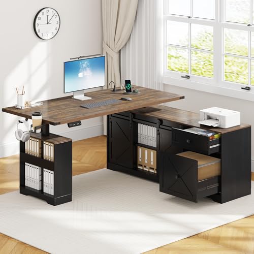 63" Farmhouse Electric Standing Desk Adjustable Height Sit Stand Corner Stand Desks, L Shaped Standing Computer Desk with Power Outlets & Storage Drawers & Sliding Door for Home Office, Black St.Mandyu