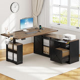 63" Farmhouse Electric Standing Desk Adjustable Height Sit Stand Corner Stand Desks, L Shaped Standing Computer Desk with Power Outlets & Storage Drawers & Sliding Door for Home Office, Black St.Mandyu