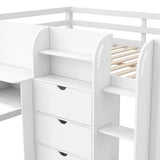 Merax Full Size Low Loft Bed with Built-in Desk,Storage Cabinets and Open Bookcase,Whiteboard for Graffiti,White Merax