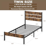 PUNICE Twin Size Bed Frame with Charging Station, LED Light Metal Bed Frame with Wooden Headboard, No Box Spring Required, No Noise, Easy Assembly, Rustic Brown PUNICE