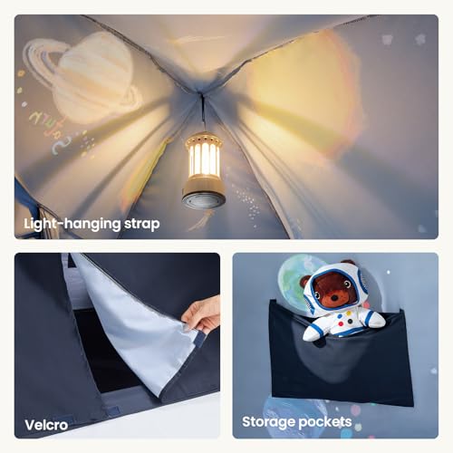 Tiny Land Space Galaxy Bed Tent for Kids – Sleep Bed Canopy with 9 Planets Design, Easy-to-Install Indoor Kids Play Tent, Imaginative Playhouse, Ideal Gift for Boys & Girls – 77" x 40" x 46"