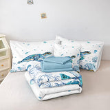 Ocean Themed Bedding Sets - 8 Pieces Queen Bed in A Bag - Teal Blue Turtle & Sea Horse Animal Cartoon Pattern Beach Coastal Bedding Comforter Bedorm