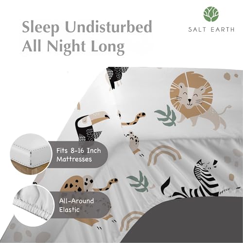 100% Cotton 210TC Salt Earth Kids Bedsheet,Twin Sheets Set for Toddler bed, 3 Piece Bedding Set Including Flat Sheet, Fitted Sheet, and Pillowcase, Themed Sheets for a Playful Kids Bed (Jungle Safari) Salt Earth