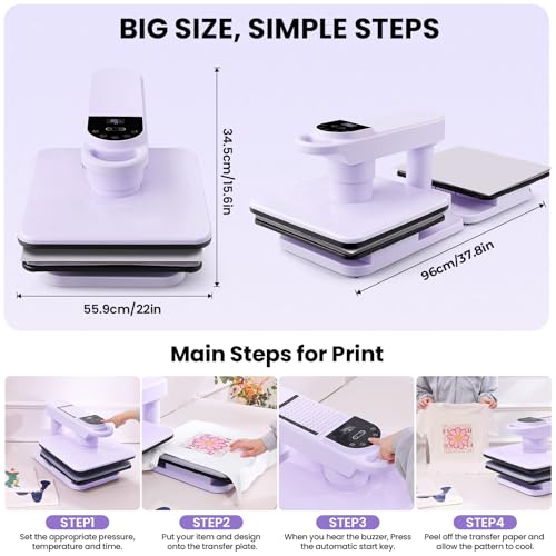 Dual Workbench Auto Heat Press Machine, 360° Swing Away 15x15 Smart T-Shirt Press with Auto Release & Auto-Off & 7-Level Auto Pressure, Higher Heating Height for HTV, Sublimation, Heat Transfer Whubefy