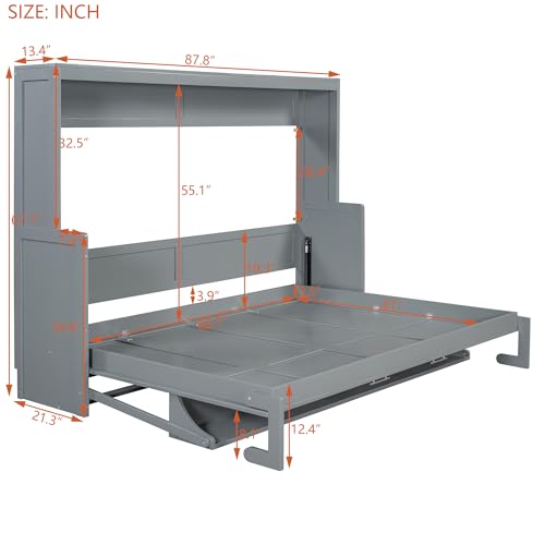 Merax Queen Horizontal Murphy Bed with Hydraulic Lift & Desk, Wood Grey Murphy Bed Cabinet Folding Murphy Chest Bed Queen Size Adults Murphy Bed Merax