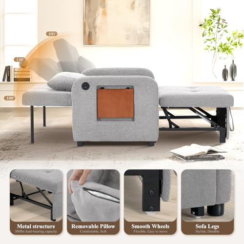 Convertible Sleeper Chair-Fabric Futon Sofa Bed, Single Sleeper Sofa, Small Couch Bed with USB Port, Foldable Table, Pillow, Adjustable Backrest for Dorm/Bedroom/College Lightgrey COLAMY